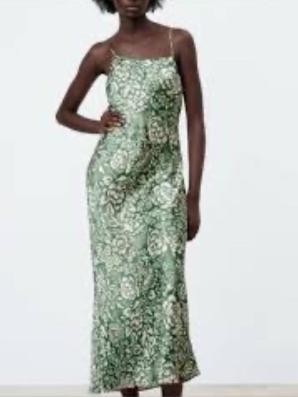 Zara Green Satin Floral Slip Maxi Dress Size Small